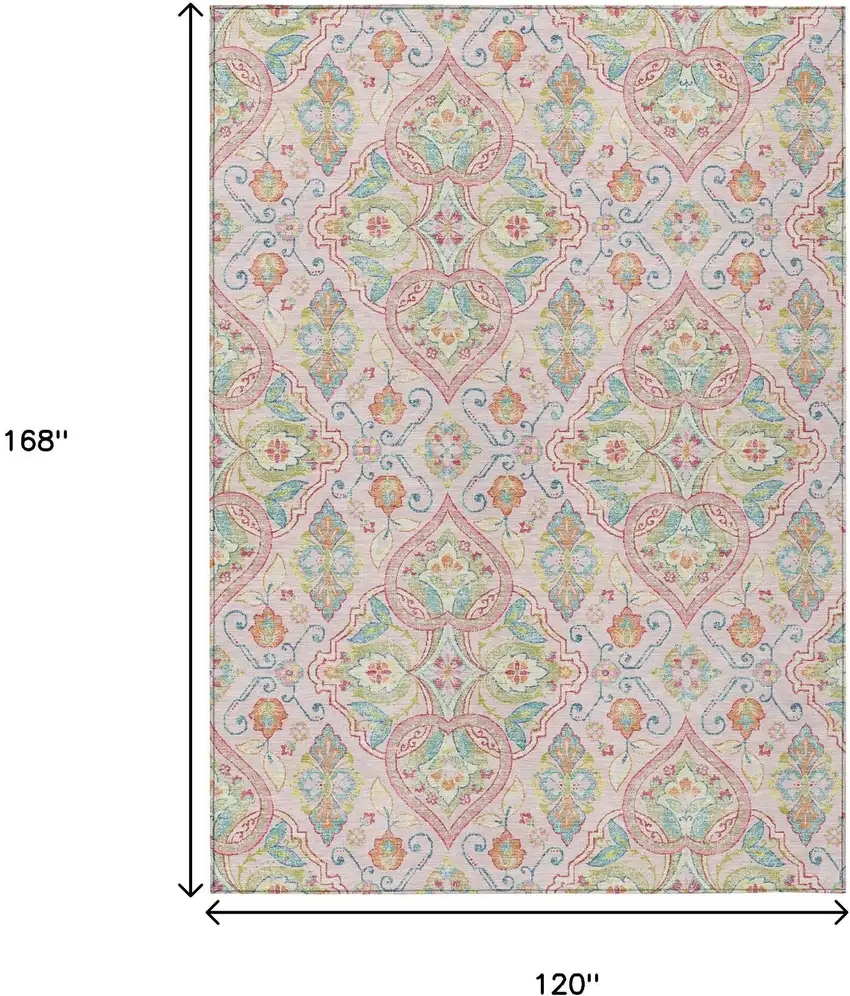 Pink Artichoke Green And Orange Ogee Washable Indoor Outdoor Area Rug Photo 9