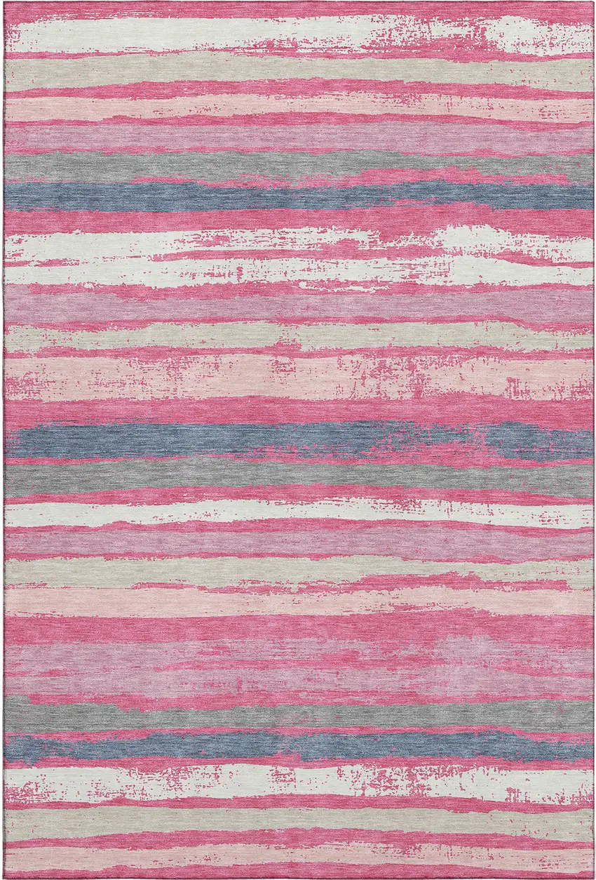Pink Beige And Blue Striped Washable Area Rug With UV Protection Photo 1