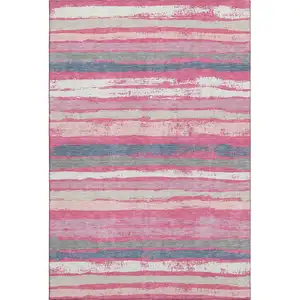 Photo of Pink Beige And Blue Striped Washable Area Rug With UV Protection