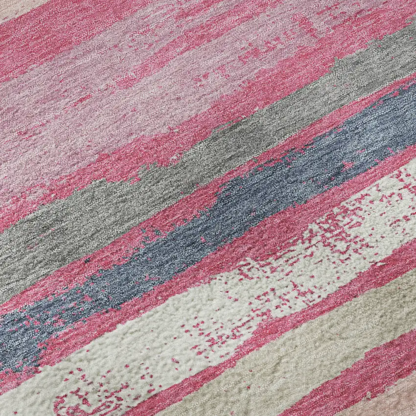 Pink Beige And Blue Striped Washable Area Rug With UV Protection Photo 8