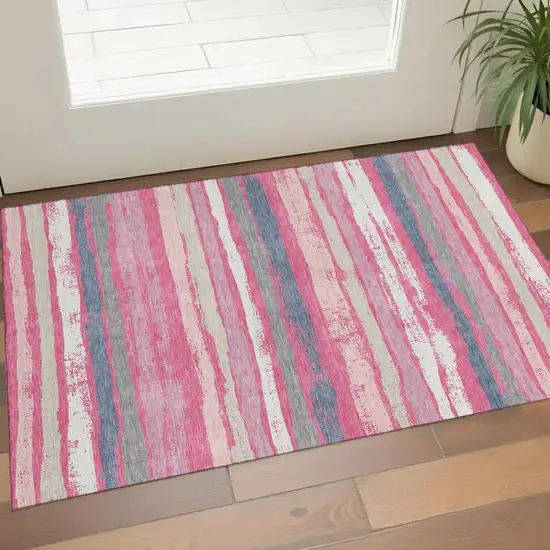 Pink Beige And Blue Striped Washable Area Rug With UV Protection Photo 1