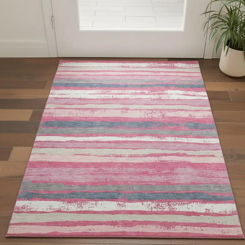 Pink Beige And Blue Striped Washable Area Rug With UV Protection Photo 2