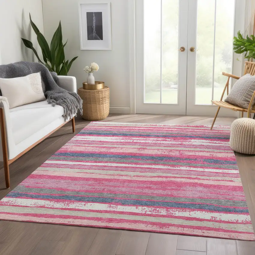 Pink Beige And Blue Striped Washable Area Rug With UV Protection Photo 4