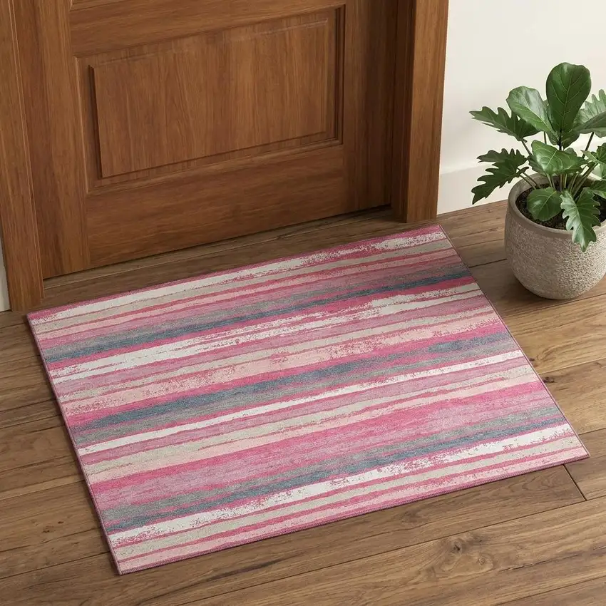 Pink Beige And Blue Striped Washable Area Rug With UV Protection Photo 1
