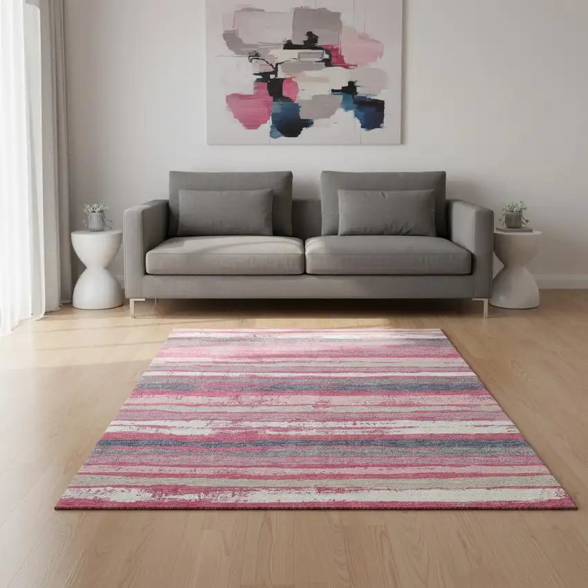 Pink Beige And Blue Striped Washable Area Rug With UV Protection Photo 2