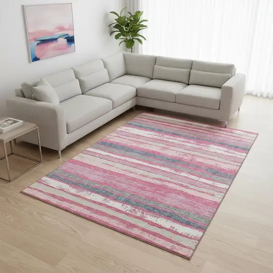 Pink Beige And Blue Striped Washable Area Rug With UV Protection Photo 2