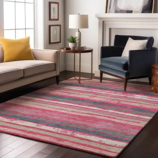 Pink Beige And Blue Striped Washable Area Rug With UV Protection Photo 4