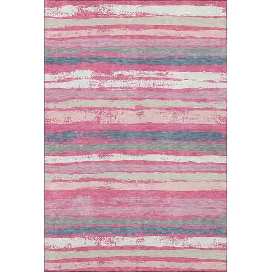Pink Beige And Blue Striped Washable Area Rug With UV Protection Photo 3