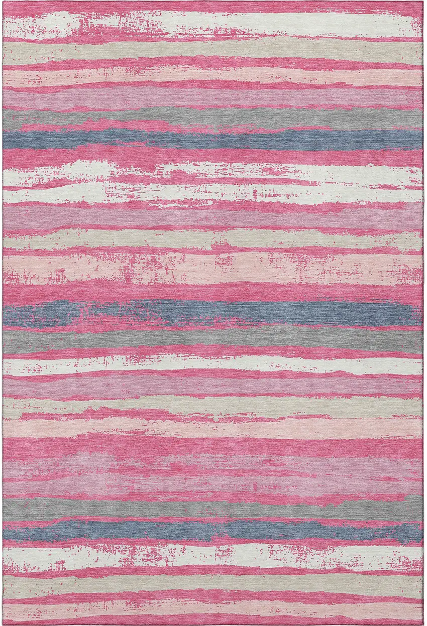 Pink Beige And Blue Striped Washable Area Rug With UV Protection Photo 3