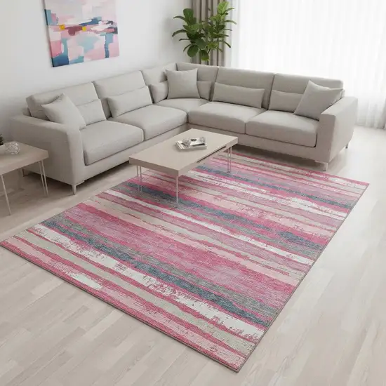 Pink Beige And Blue Striped Washable Area Rug With UV Protection Photo 2