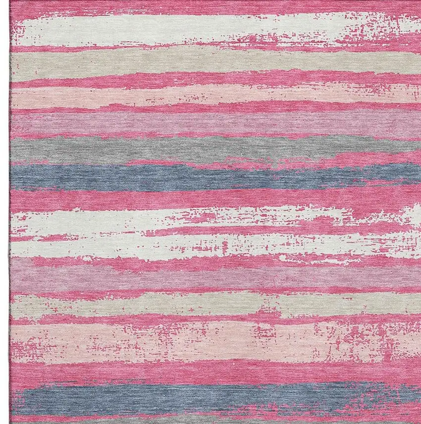 Pink Beige And Blue Striped Washable Area Rug With UV Protection Photo 2