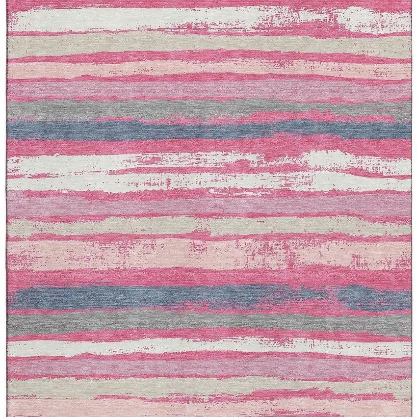 Pink Beige And Blue Striped Washable Area Rug With UV Protection Photo 3