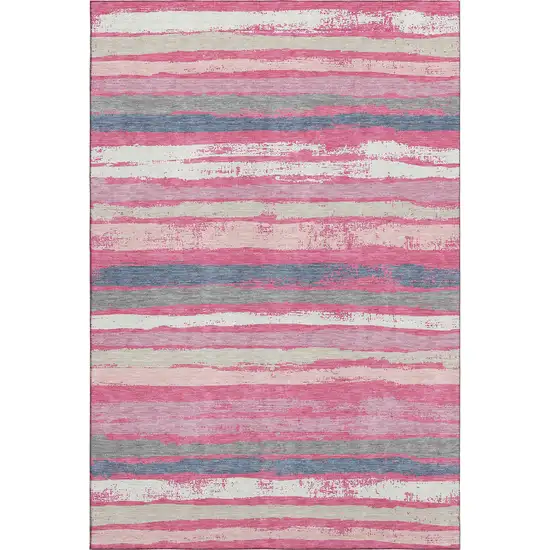 Pink Beige And Blue Striped Washable Area Rug With UV Protection Photo 1