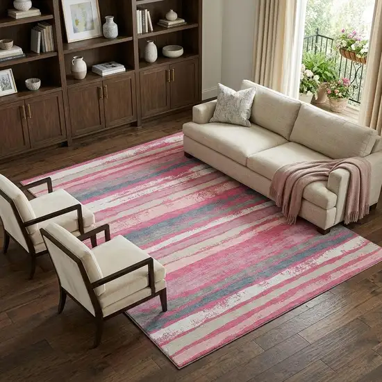 Pink Beige And Blue Striped Washable Area Rug With UV Protection Photo 1