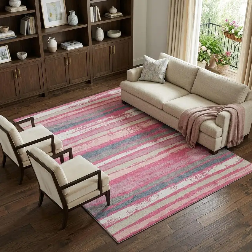 Pink Beige And Blue Striped Washable Area Rug With UV Protection Photo 1