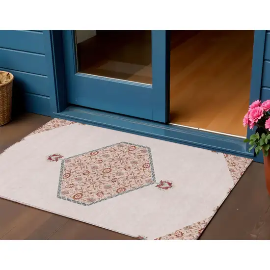 Pink Beige And Burgundy Oriental Washable Indoor Outdoor Area Rug Photo 1