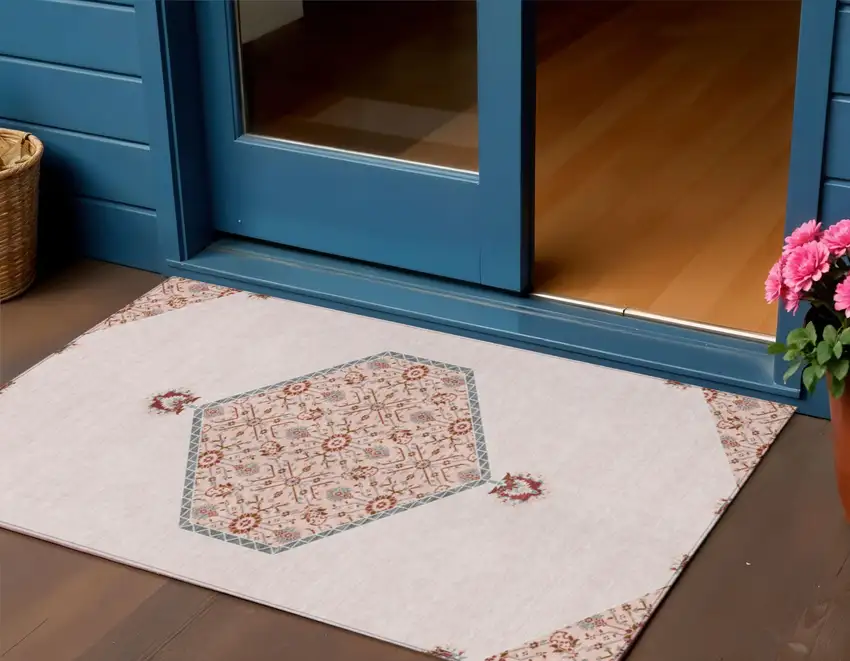 Pink Beige And Burgundy Oriental Washable Indoor Outdoor Area Rug Photo 1