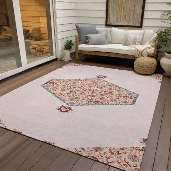 Pink Beige And Burgundy Oriental Washable Indoor Outdoor Area Rug Photo 8