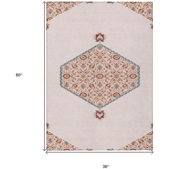 Pink Beige And Burgundy Oriental Washable Indoor Outdoor Area Rug Photo 3