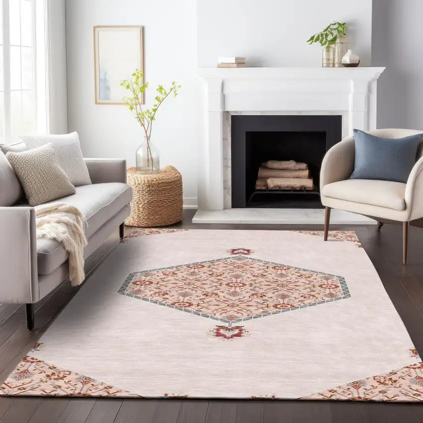 Pink Beige And Burgundy Oriental Washable Indoor Outdoor Area Rug Photo 9
