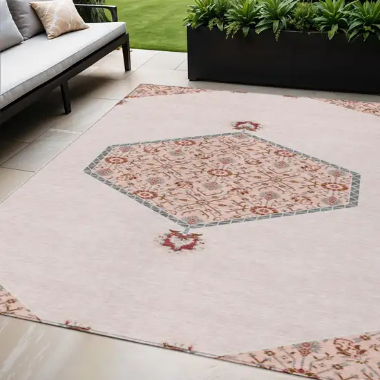 Pink Beige And Burgundy Oriental Washable Indoor Outdoor Area Rug Photo 1
