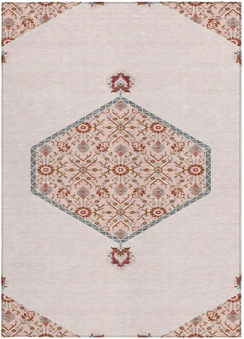 Pink Beige And Burgundy Oriental Washable Indoor Outdoor Area Rug Photo 7