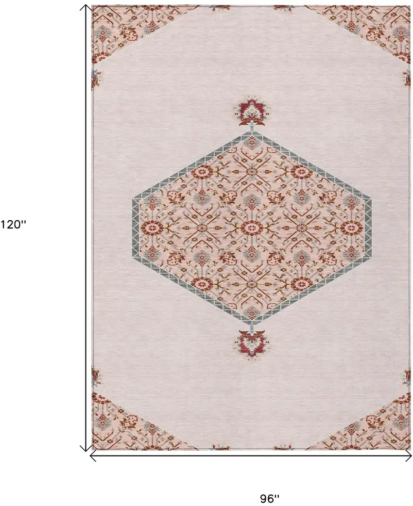 Pink Beige And Burgundy Oriental Washable Indoor Outdoor Area Rug Photo 3