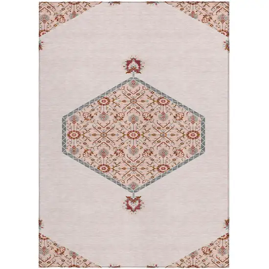 Pink Beige And Burgundy Oriental Washable Indoor Outdoor Area Rug Photo 7