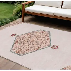 Photo of Pink Beige And Burgundy Oriental Washable Indoor Outdoor Area Rug