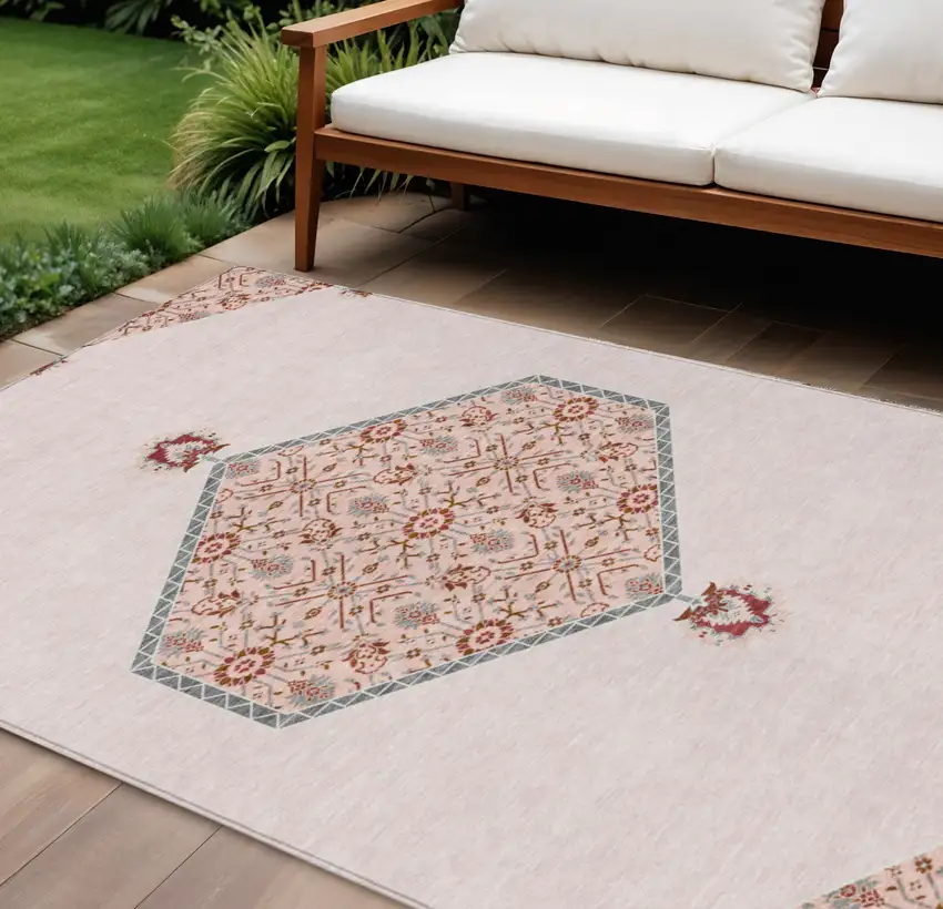 Pink Beige And Burgundy Oriental Washable Indoor Outdoor Area Rug Photo 1