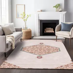 Photo of Pink Beige And Burgundy Oriental Washable Indoor Outdoor Area Rug