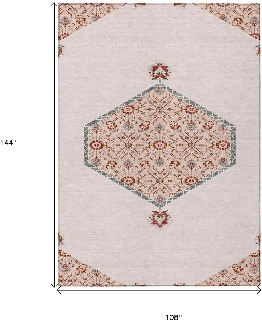 Pink Beige And Burgundy Oriental Washable Indoor Outdoor Area Rug Photo 3