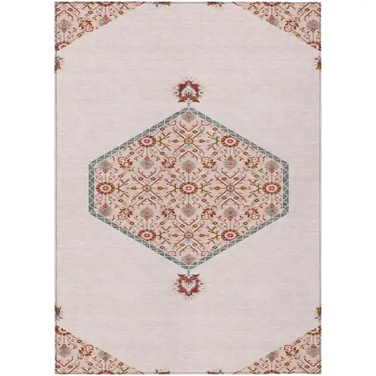Pink Beige And Burgundy Oriental Washable Indoor Outdoor Area Rug Photo 2