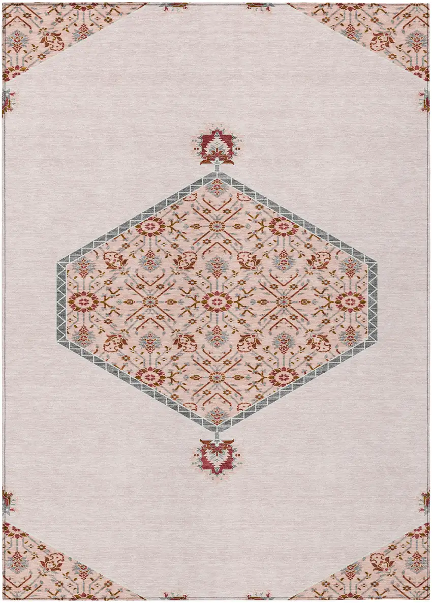 Pink Beige And Burgundy Oriental Washable Indoor Outdoor Area Rug Photo 2