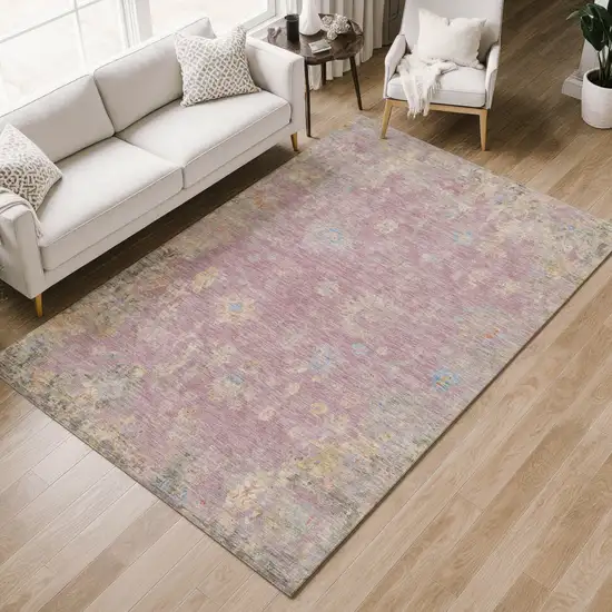 Pink Beige And Gray Floral Washable Indoor Outdoor Area Rug Photo 9