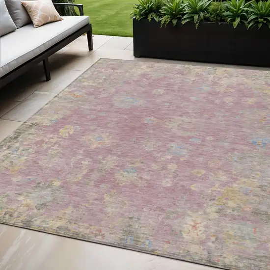 Pink Beige And Gray Floral Washable Indoor Outdoor Area Rug Photo 1
