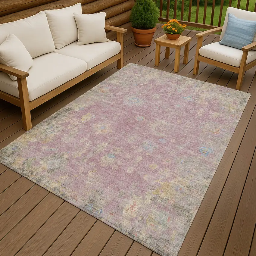 Pink Beige And Gray Floral Washable Indoor Outdoor Area Rug Photo 9
