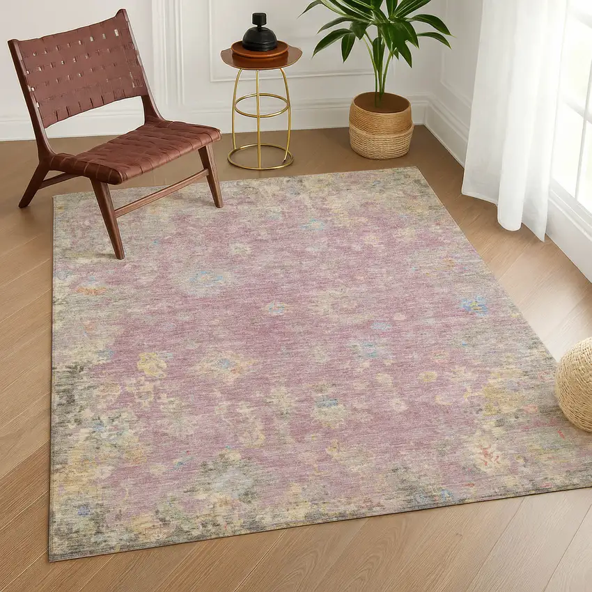 Pink Beige And Gray Floral Washable Indoor Outdoor Area Rug Photo 9