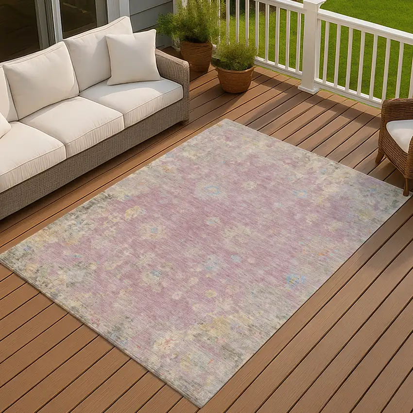 Pink Beige And Gray Floral Washable Indoor Outdoor Area Rug Photo 8
