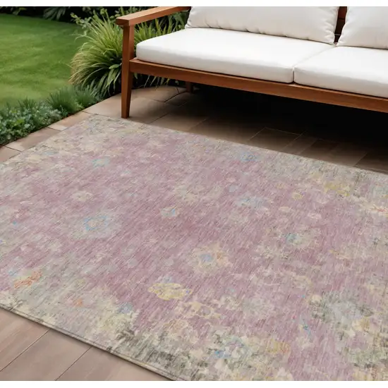 Pink Beige And Gray Floral Washable Indoor Outdoor Area Rug Photo 1
