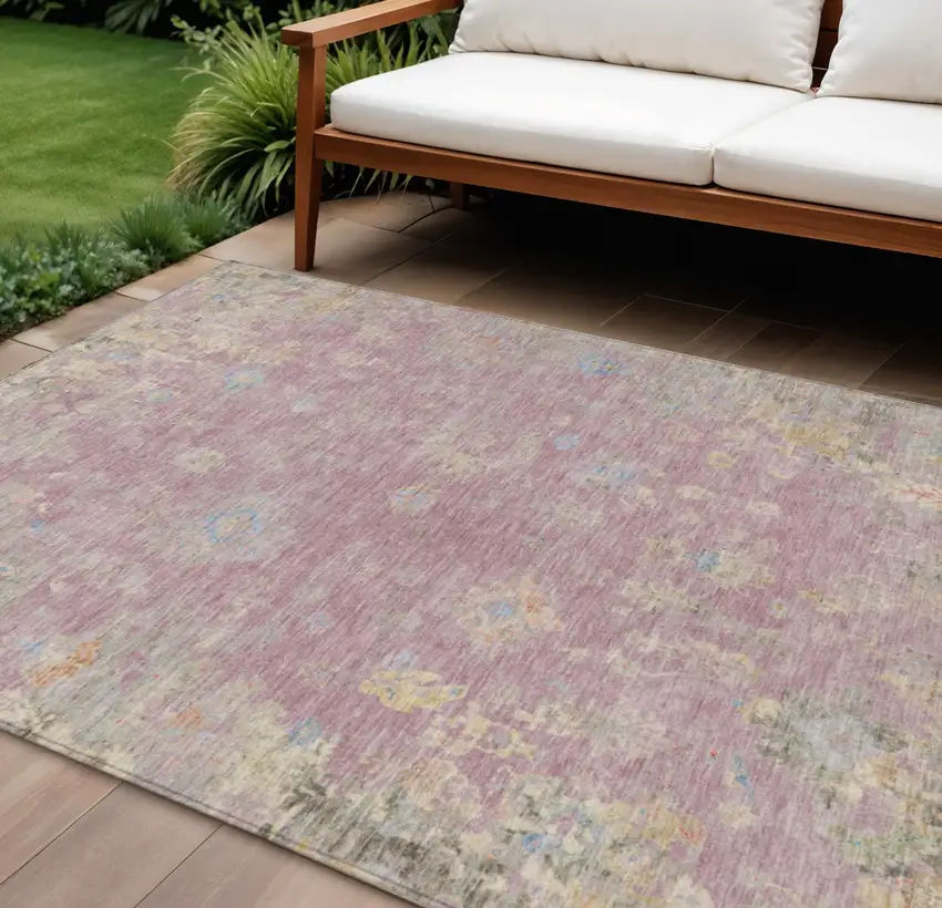 Pink Beige And Gray Floral Washable Indoor Outdoor Area Rug Photo 1