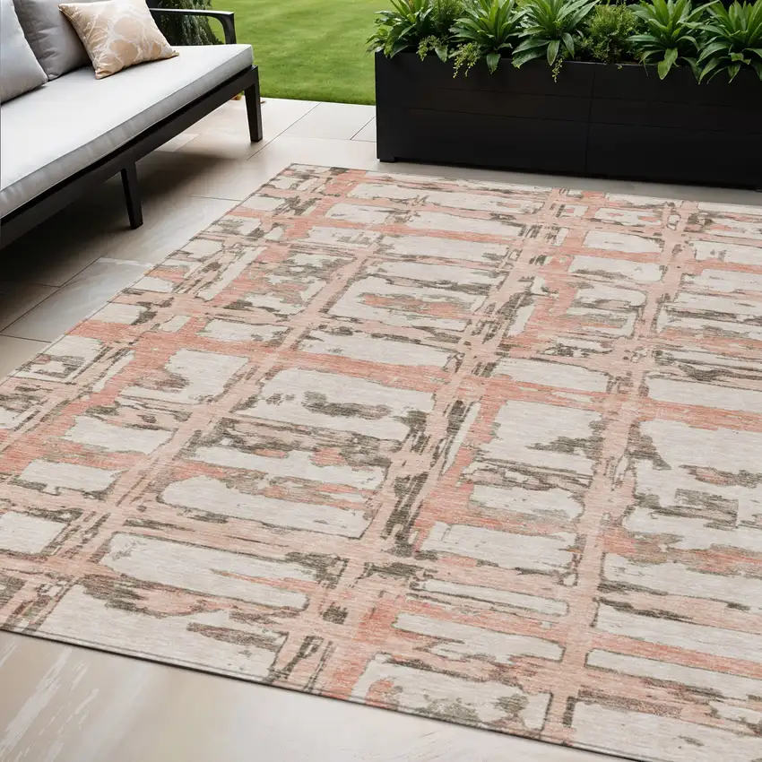 Pink Beige And Taupe Striped Washable Indoor Outdoor Area Rug Photo 1