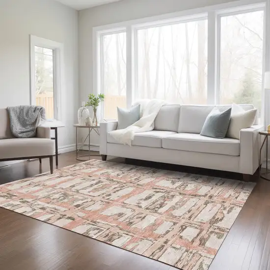 Pink Beige And Taupe Striped Washable Indoor Outdoor Area Rug Photo 9