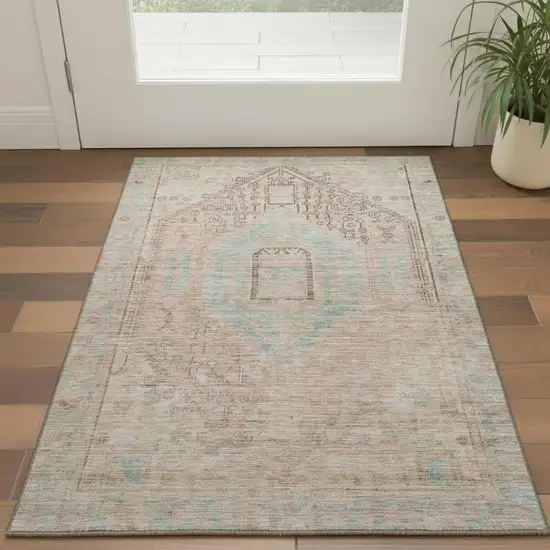 Pink Beige And Teal Tribal Washable Area Rug With UV Protection Photo 2