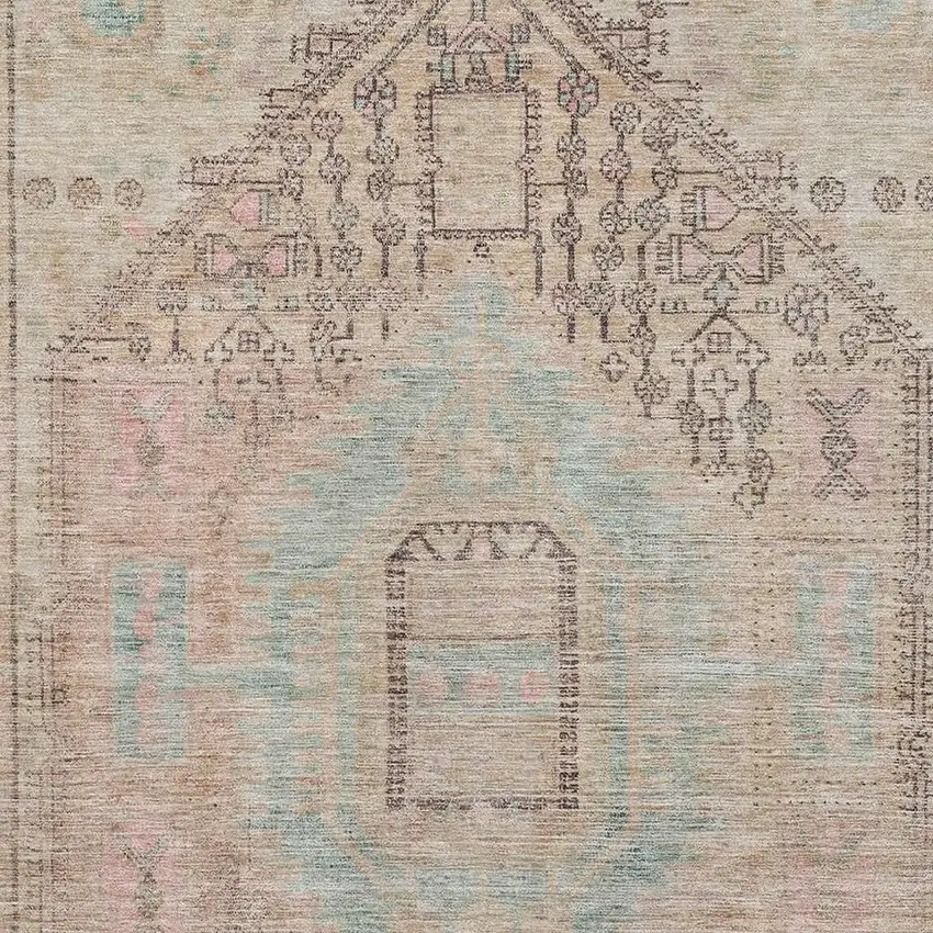 Pink Beige And Teal Tribal Washable Area Rug With UV Protection Photo 2