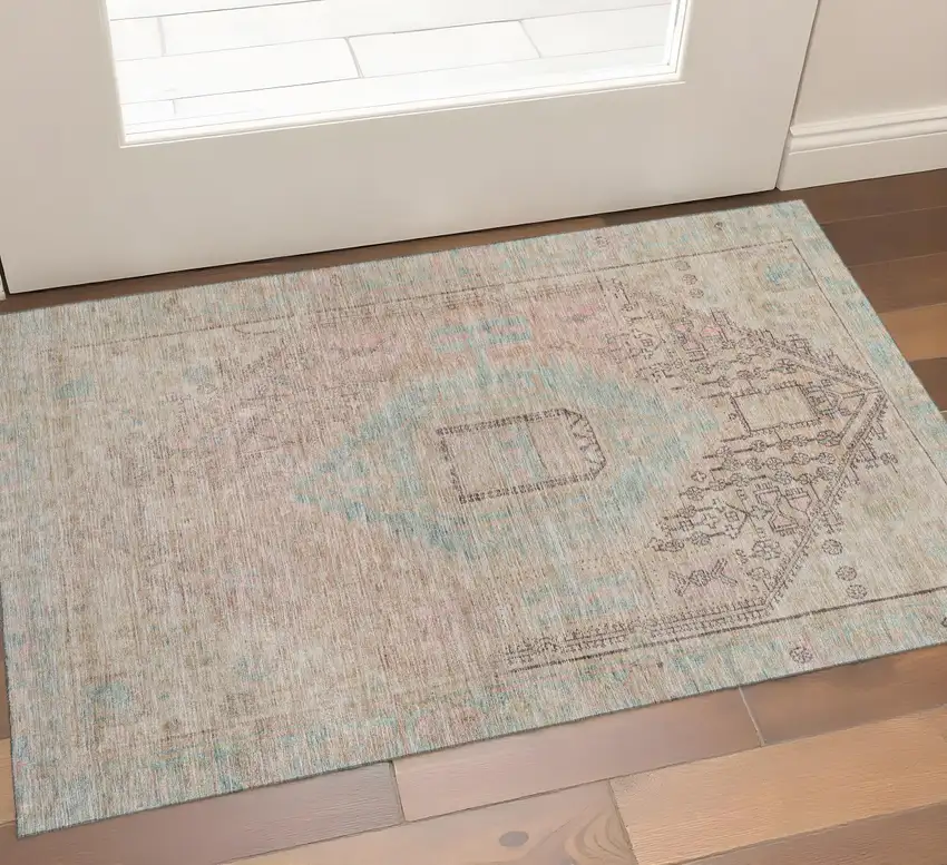 Pink Beige And Teal Tribal Washable Area Rug With UV Protection Photo 1