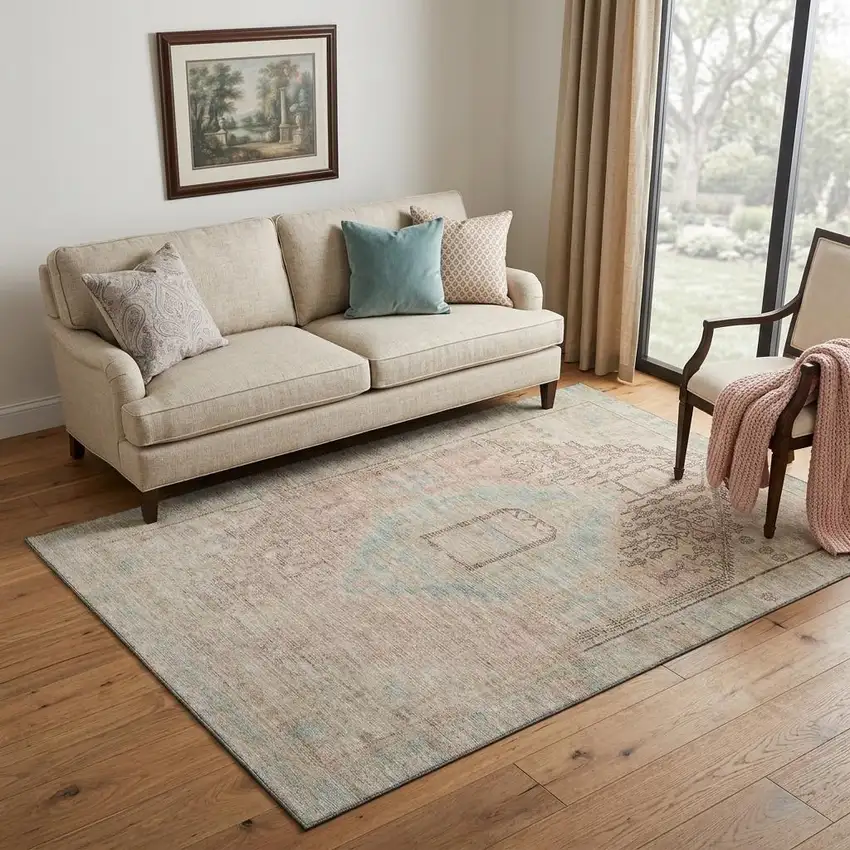 Pink Beige And Teal Tribal Washable Area Rug With UV Protection Photo 1