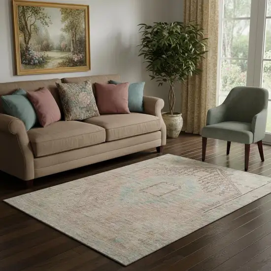 Pink Beige And Teal Tribal Washable Area Rug With UV Protection Photo 2