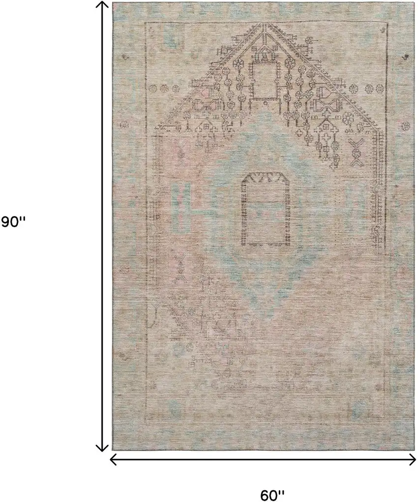 Pink Beige And Teal Tribal Washable Area Rug With UV Protection Photo 9