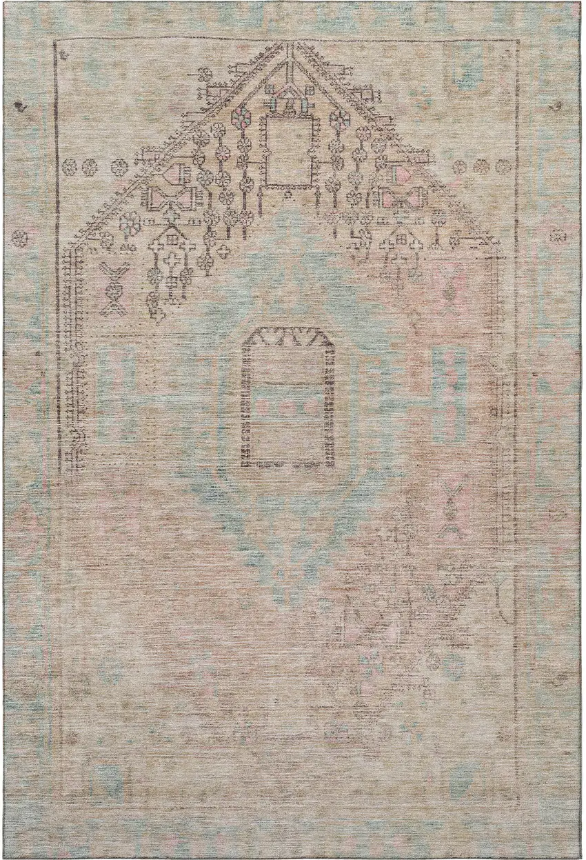 Pink Beige And Teal Tribal Washable Area Rug With UV Protection Photo 2